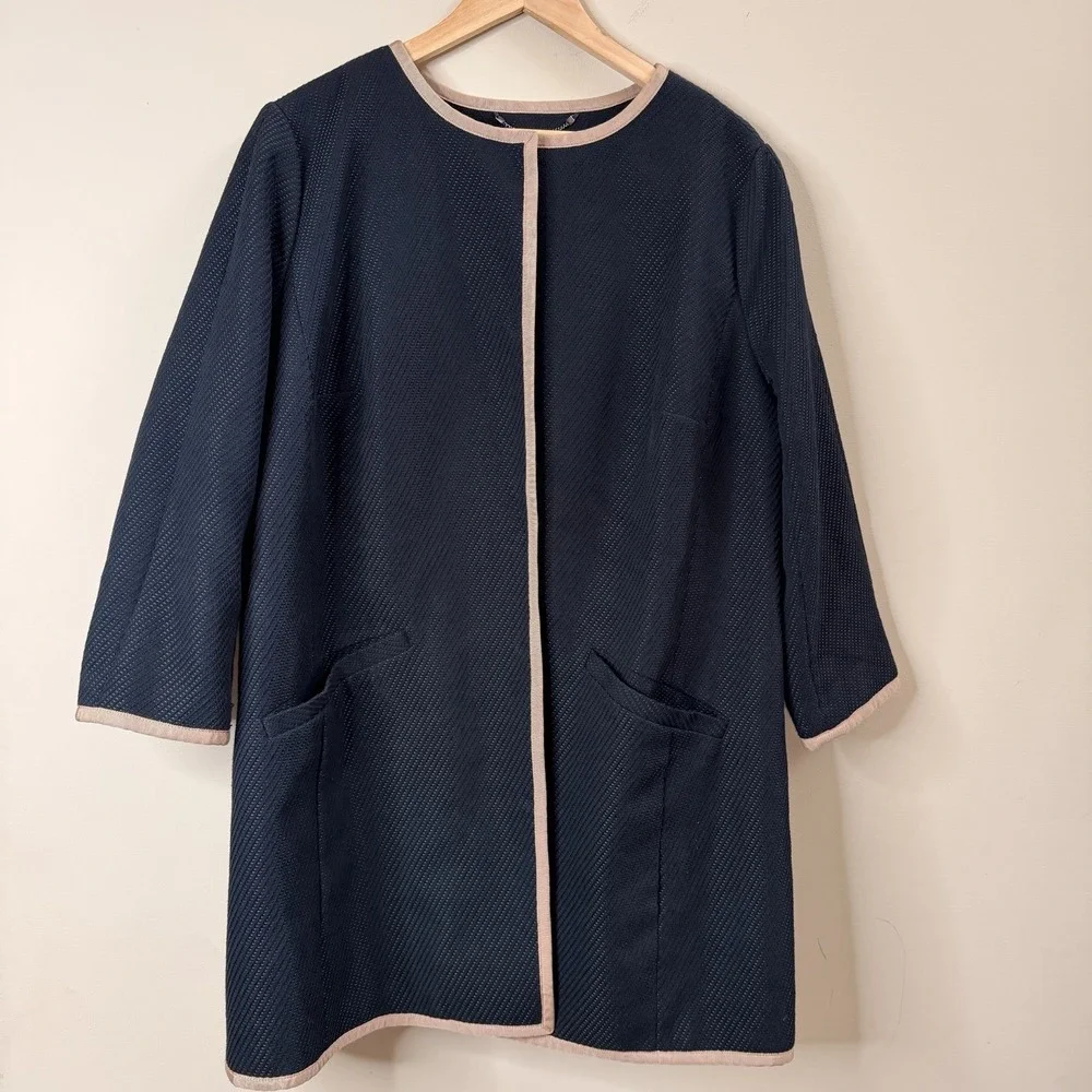 Talbots Tweet Coat Jacket Women's Snap Pocket Black Tan Trim Cotton Blend SZ-18W